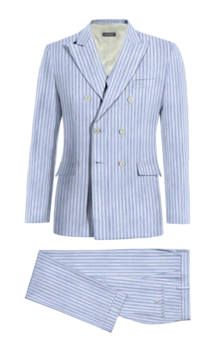 Costume 3 pièces sans doublure croisée bleu ciel en seersucker léger without model N°11